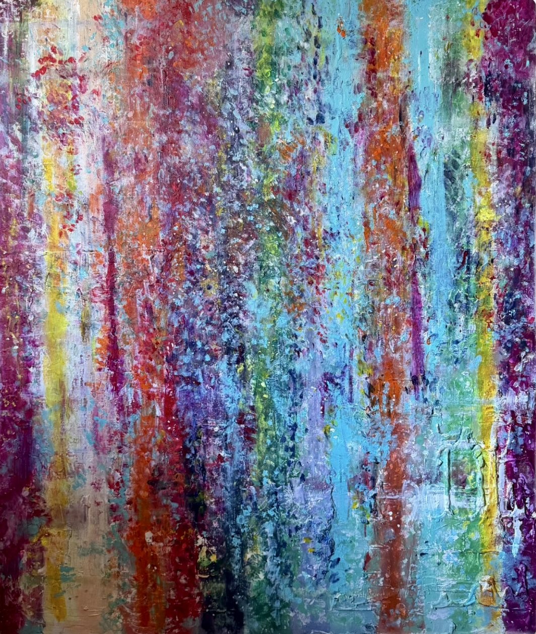 Fifth Season: a large abstract canvas of vertical drips in turquoise, magenta, orange, violet and yellow.