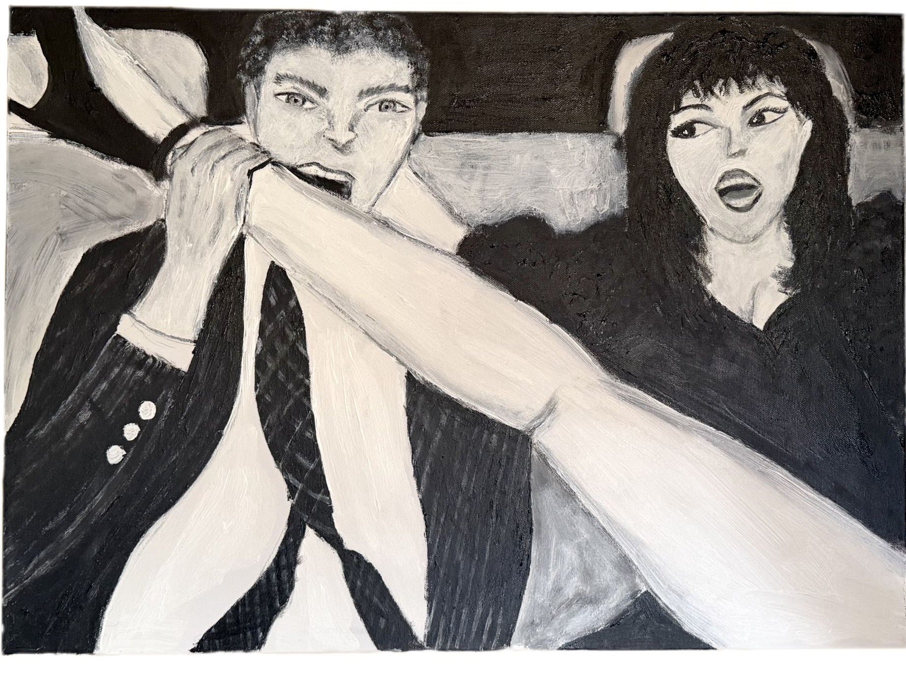 Untitled (Couple, black and white): a man biting his sleeve beside a startled woman.
