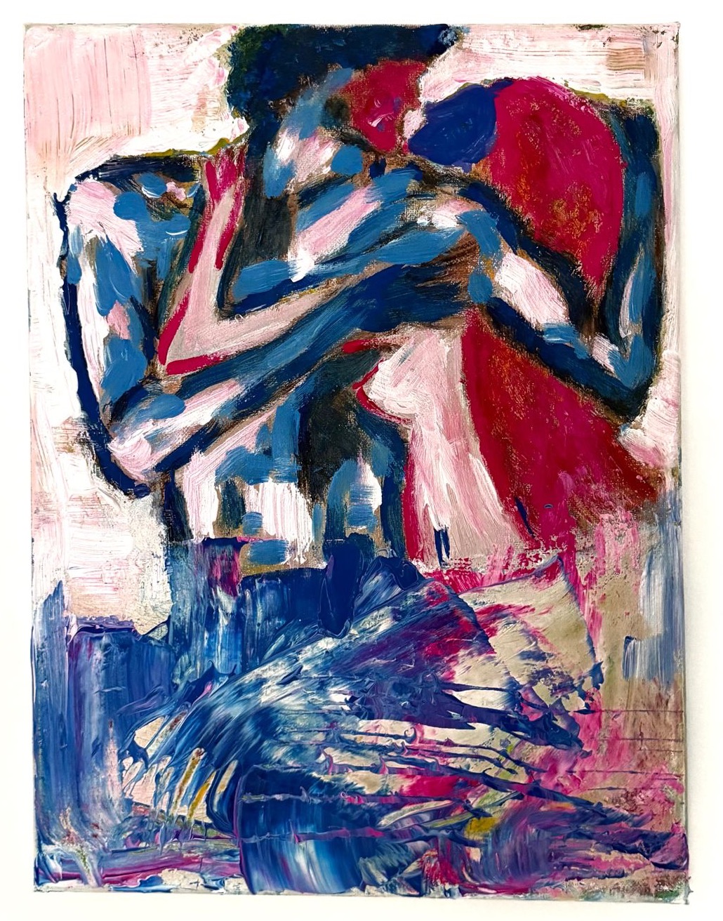 between bodies: two figures embracing in loose strokes of blue, red and pink.